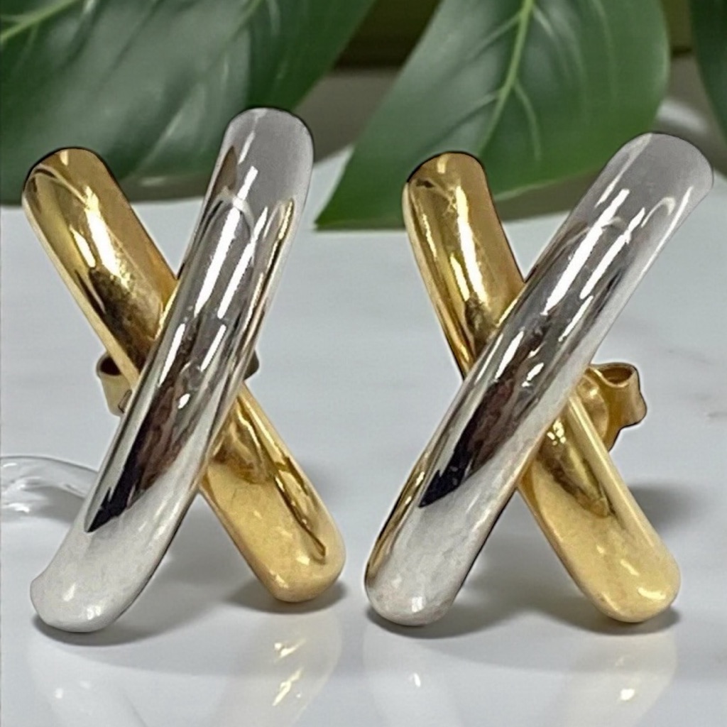 Beautiful Estate Designer 14k TwoTone Gold X Criss Cross Earrings